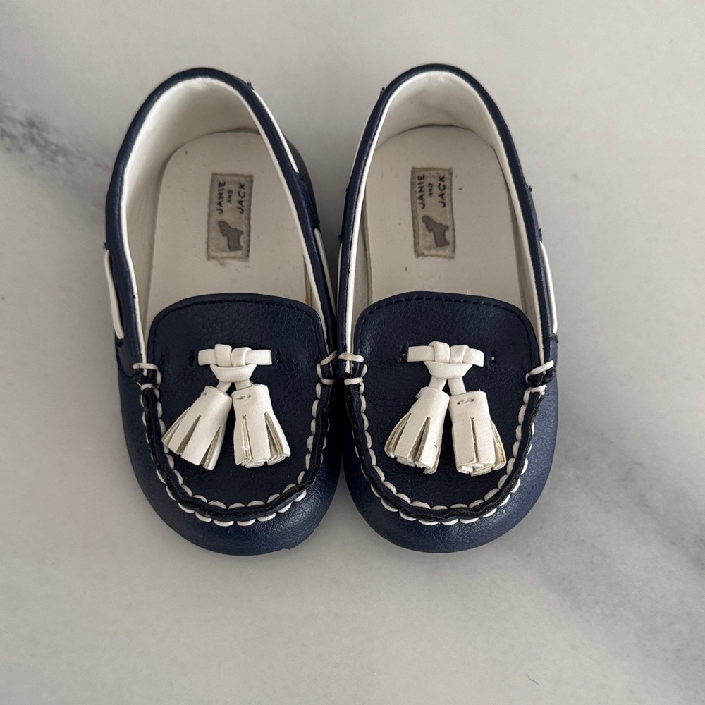 Janie and Jack Navy Moccasins with White Tassels